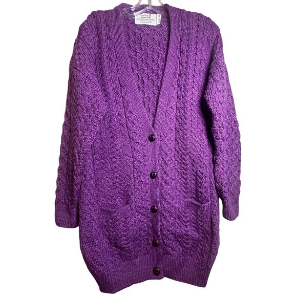 Aran Sweater Market Irish Merino Wool Adare Boyfriend Purple Cardigan ButtonUp M - Picture 1 of 16